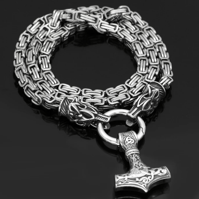 FENRIR'S BITE RING HEAVY CHAIN WITH MJÖLNIR - STAINLESS STEEL - Forged in Valhalla