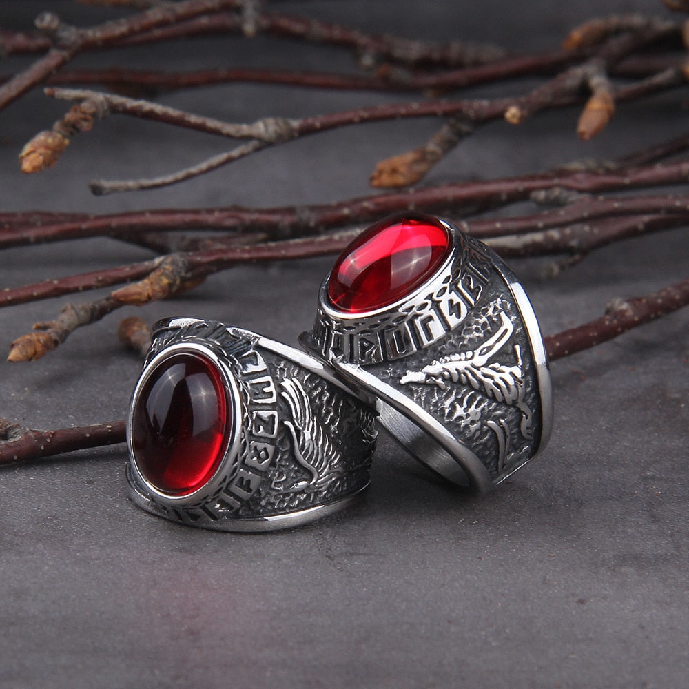 RED STONE WOLF RING - STAINLESS STEEL