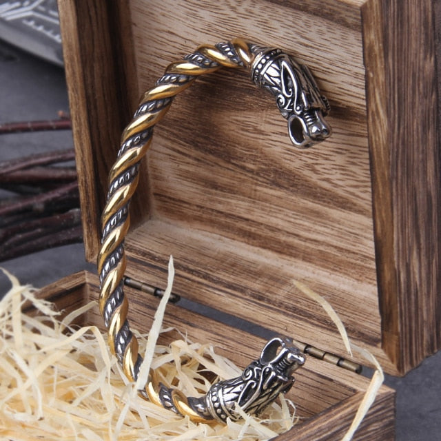 GEKI AND FREKI WOLF HEAD TORC BRACELET - STAINLESS STEEL