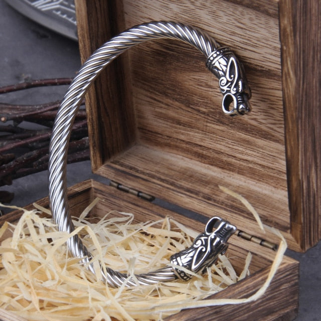 GEKI AND FREKI WOLF HEAD TORC BRACELET - STAINLESS STEEL