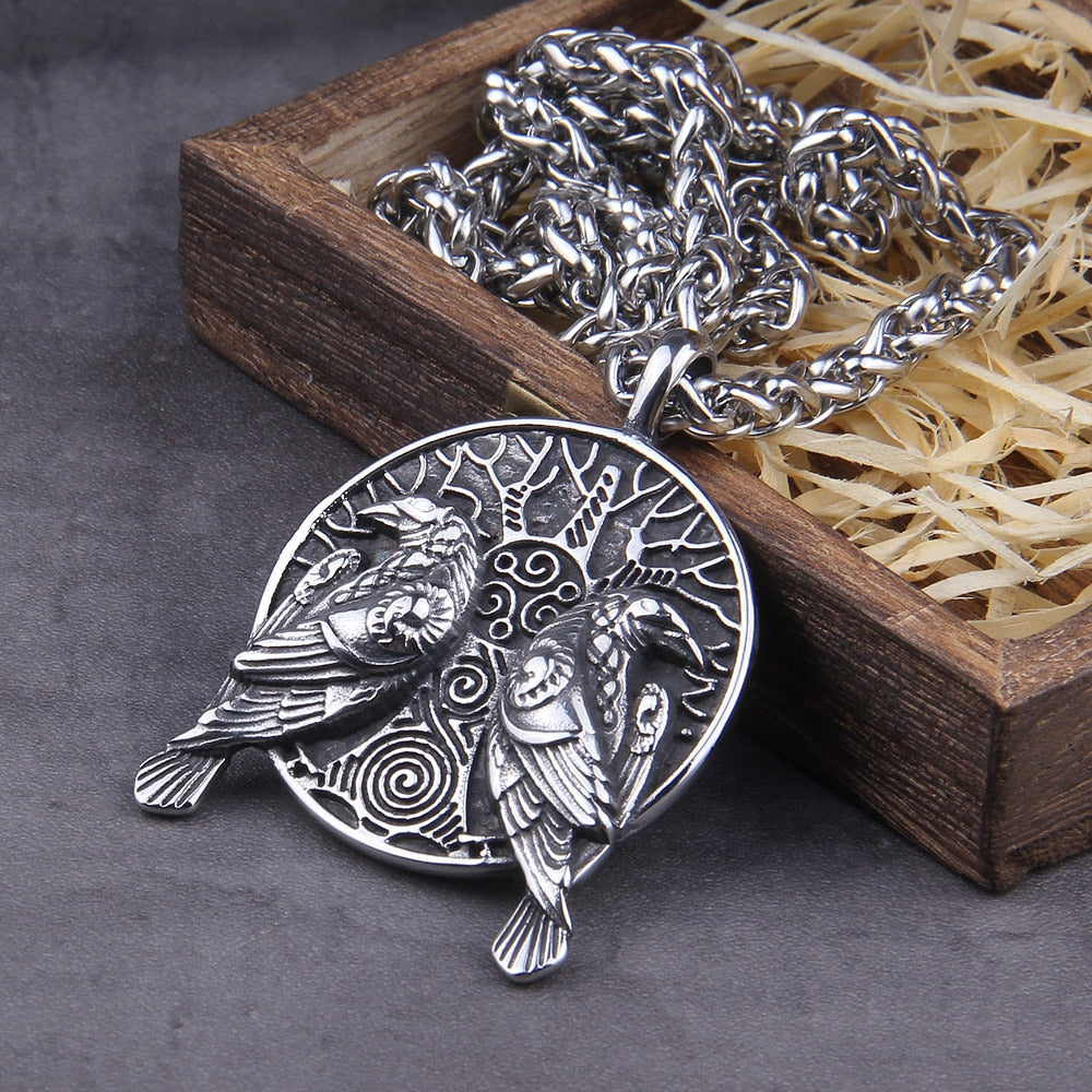 HUGINN & MUNINN ON YGGDRASIL PENDANT- STAINLESS STEEL - Forged in Valhalla