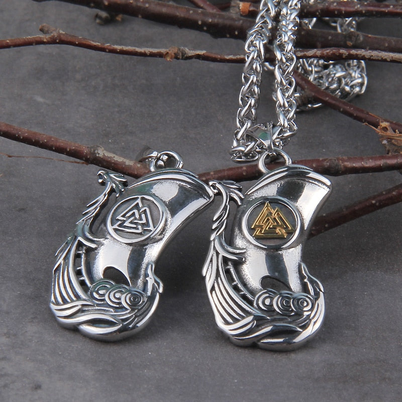 VIKING DRAGON LONGBOAT VALKNUT PENDANT- STAINLESS STEEL - Forged in Valhalla