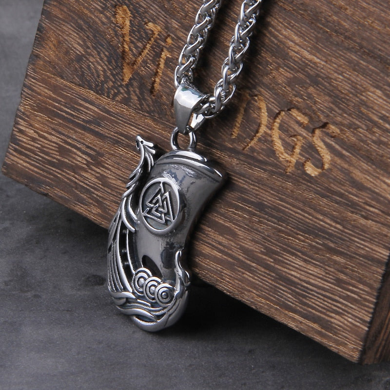 VIKING DRAGON LONGBOAT VALKNUT PENDANT- STAINLESS STEEL - Forged in Valhalla