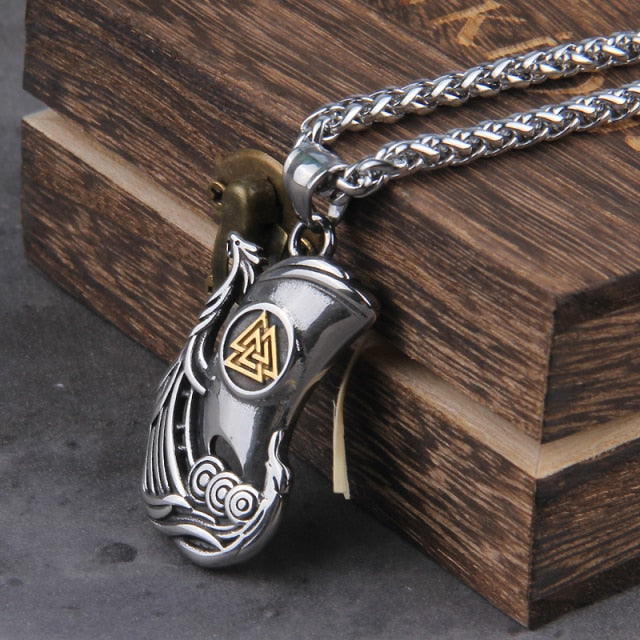 VIKING DRAGON LONGBOAT VALKNUT PENDANT- STAINLESS STEEL - Forged in Valhalla