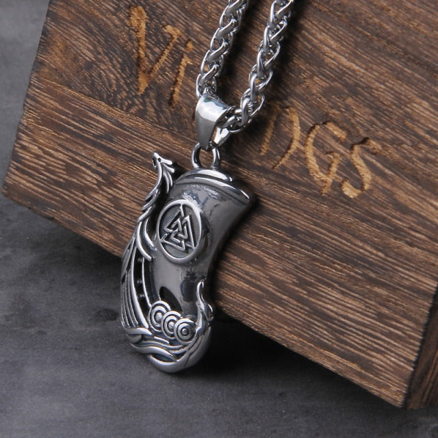 VIKING DRAGON LONGBOAT VALKNUT PENDANT- STAINLESS STEEL - Forged in Valhalla