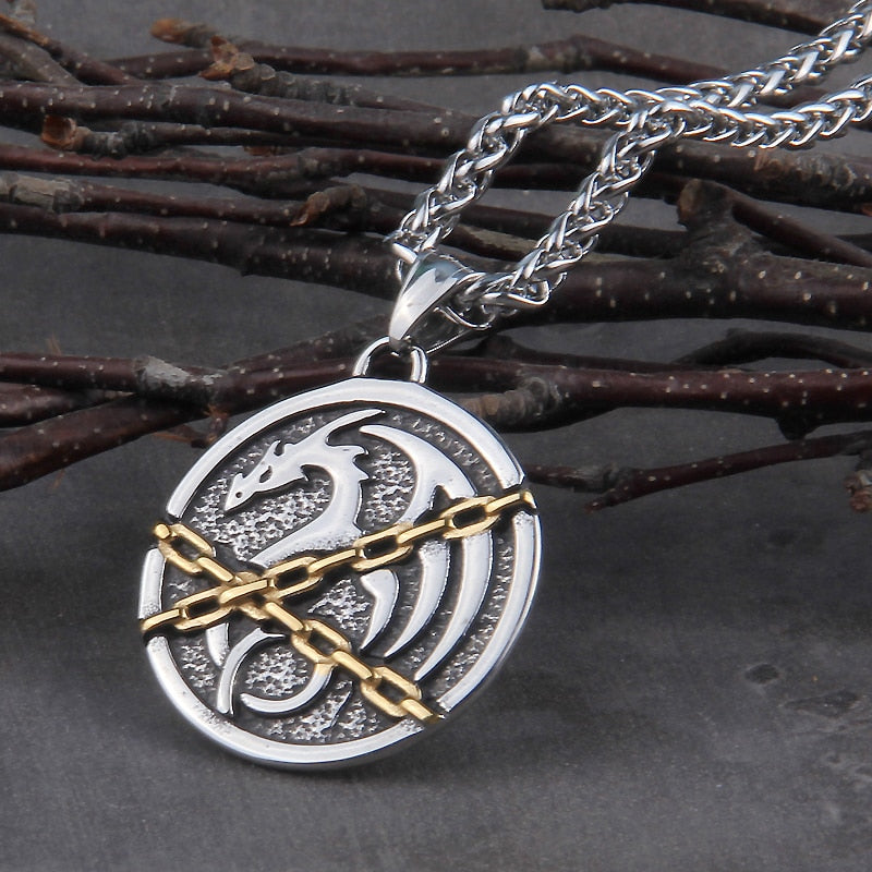 CHAINED DRAGON Fáfnir PENDANT- STAINLESS STEEL - Forged in Valhalla
