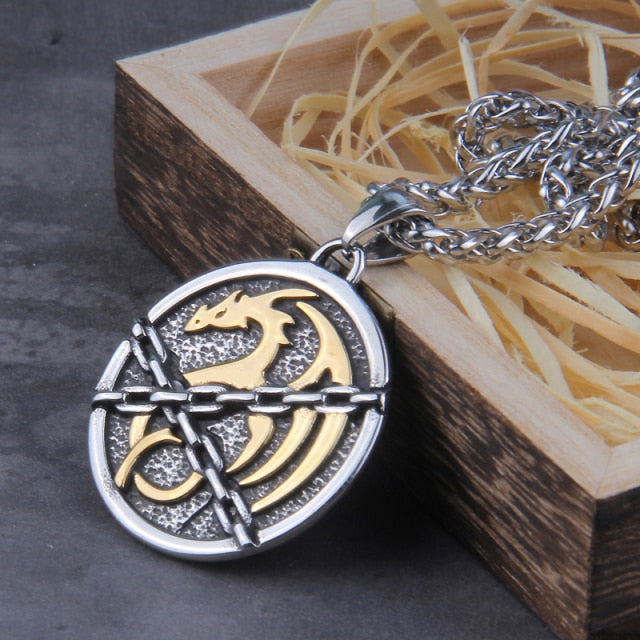 CHAINED DRAGON Fáfnir PENDANT- STAINLESS STEEL - Forged in Valhalla
