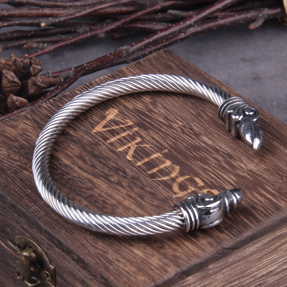 RAVEN HEAD TORC BRACELET - STAINLESS STEEL