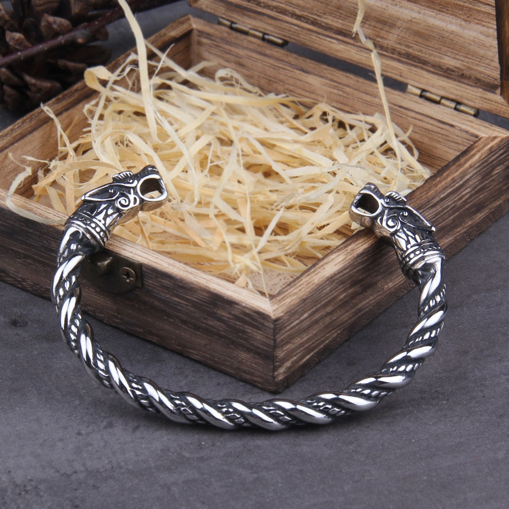 GEKI AND FREKI WOLF HEAD TORC BRACELET - STAINLESS STEEL