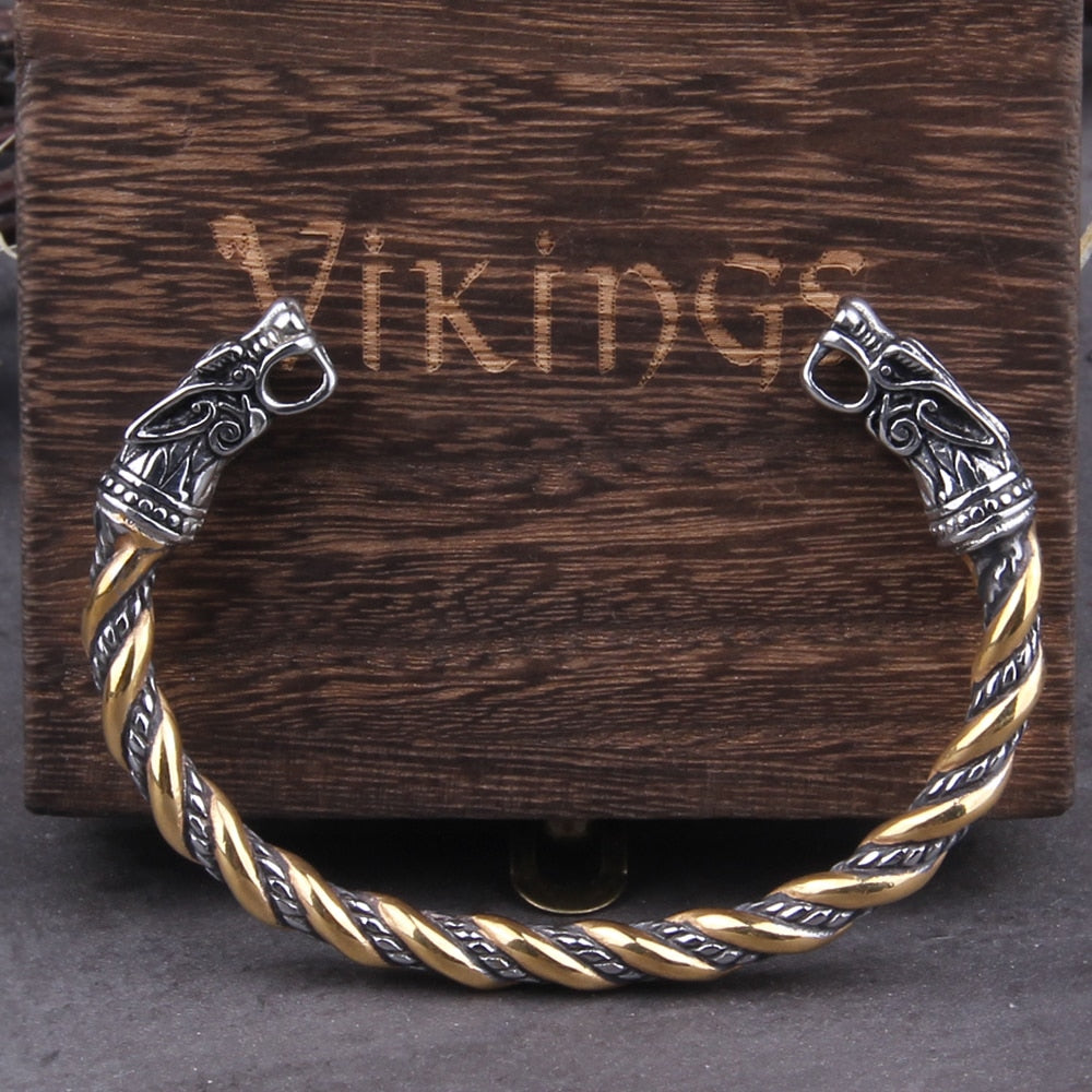 GEKI AND FREKI WOLF HEAD TORC BRACELET - STAINLESS STEEL