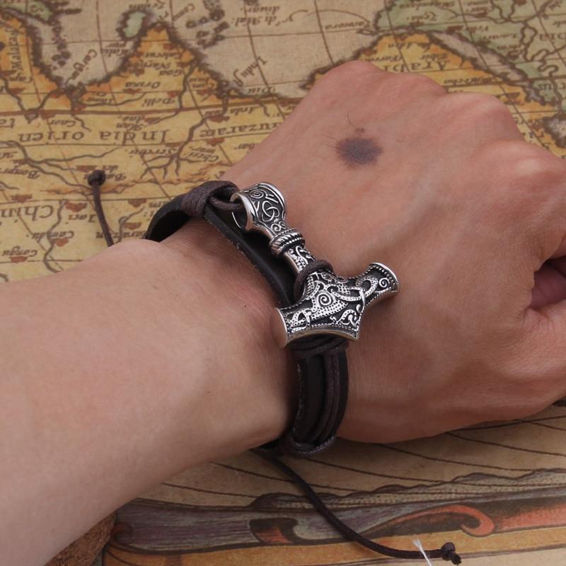 THOR'S HAMMER LEATHER STRAP BRACELET - STAINLESS STEEL - Forged in Valhalla