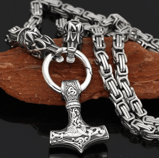 FENRIR'S BITE RING HEAVY CHAIN WITH MJÖLNIR - STAINLESS STEEL - Forged in Valhalla