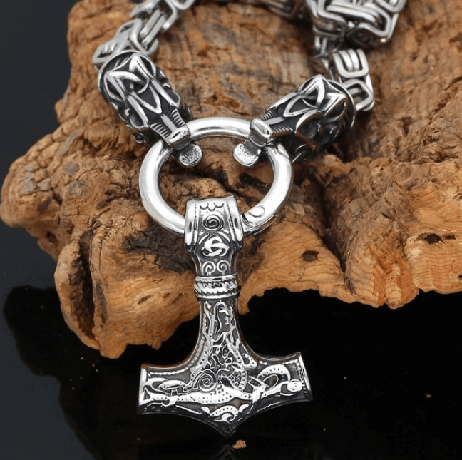 FENRIR'S BITE RING HEAVY CHAIN WITH MJÖLNIR - STAINLESS STEEL - Forged in Valhalla