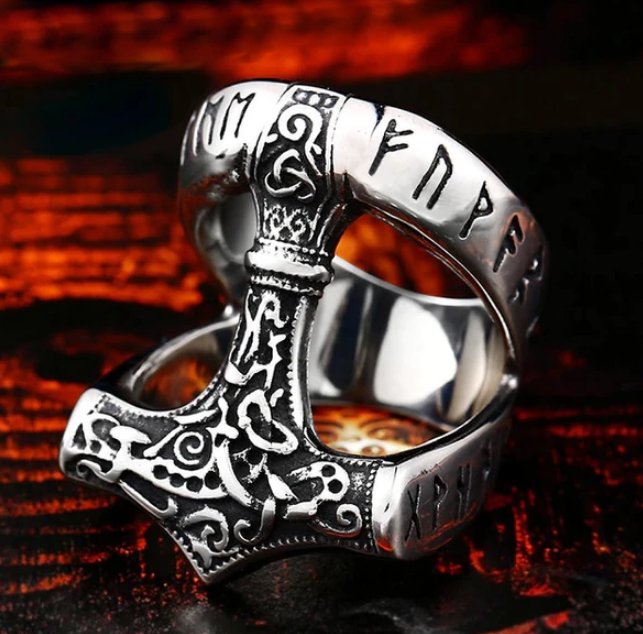 THOR'S HAMMER RUNED RING - STAINLESS STEEL - Forged in Valhalla