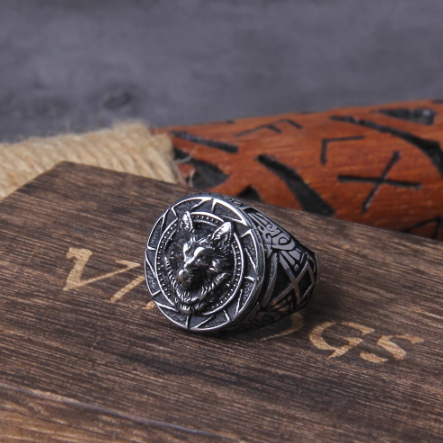 RUNIC WOLF HEAD FENRIR RING- STAINLESS STEEL