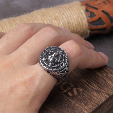 RUNIC WOLF HEAD FENRIR RING- STAINLESS STEEL