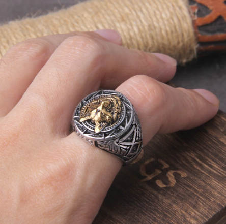 RUNIC WOLF HEAD FENRIR RING- STAINLESS STEEL