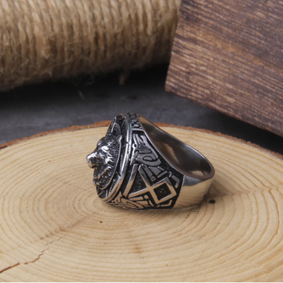 RUNIC WOLF HEAD FENRIR RING- STAINLESS STEEL