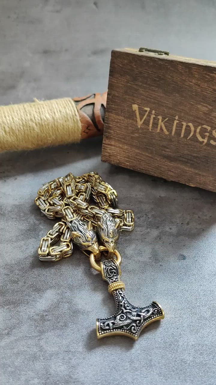 GOLD KING CHAIN WITH WOLF HEADS & MJOLNIR PENDANT- STAINLESS STEEL