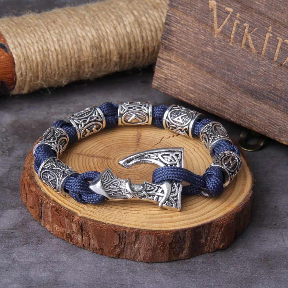 Never Fade Viking Axe punk beads bracelet for men stainless steel fashion  climbing rope Jewelry with wooden box as gift
