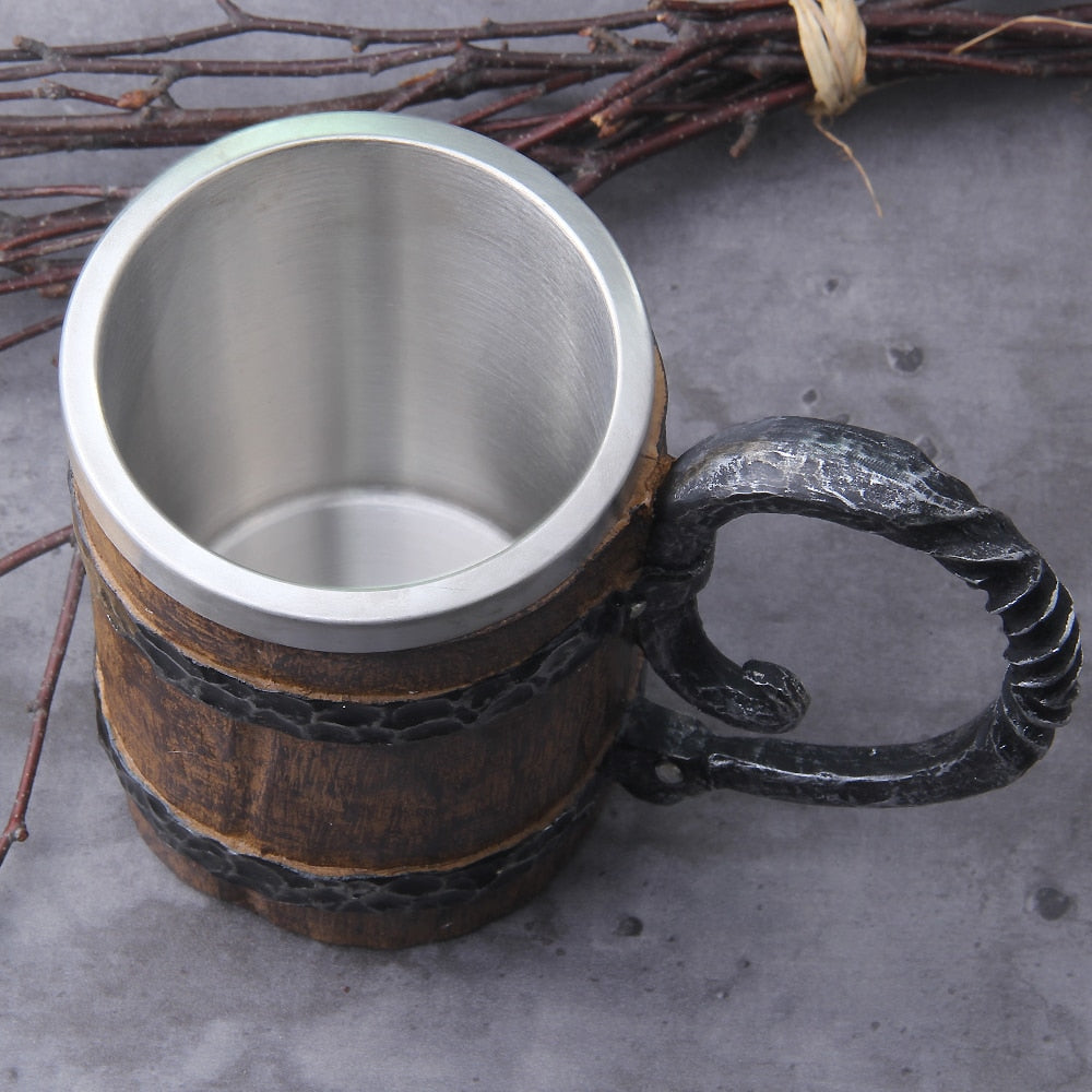 VIKING WOOD MUG WITH BOTTLE OPENER - INSULATED METAL