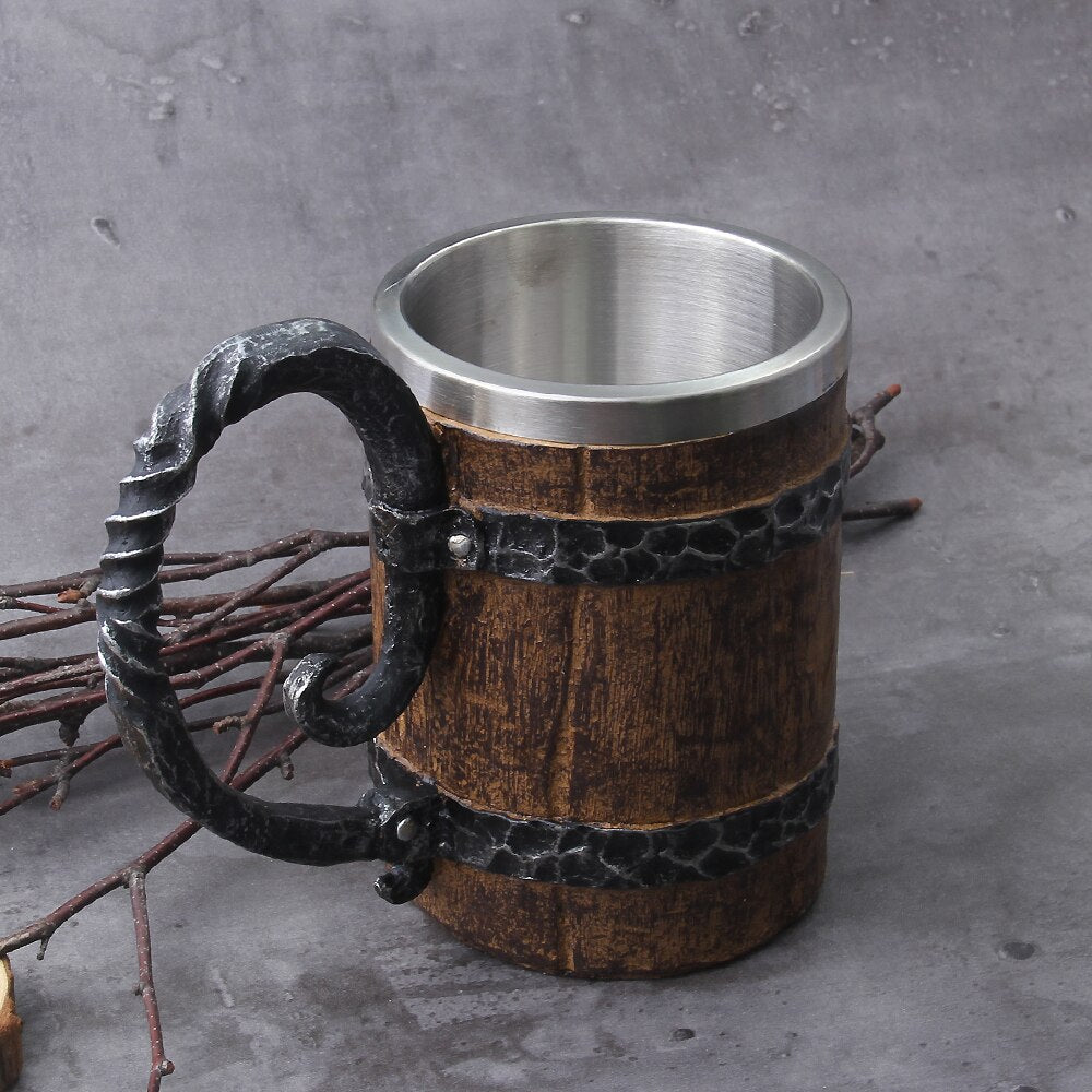 VIKING WOOD MUG WITH BOTTLE OPENER - INSULATED METAL