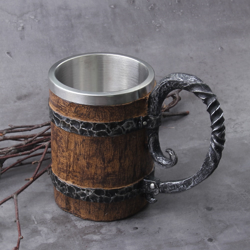 VIKING WOOD MUG WITH BOTTLE OPENER - INSULATED METAL