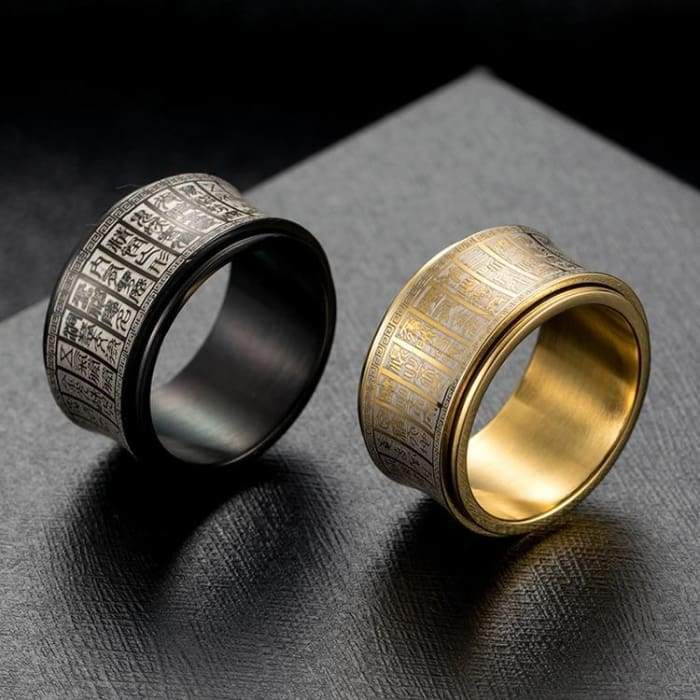 Protection Scriptures Amulet Rotating Spinner Ring in Curved Carved Black or Gold - Forged in Valhalla