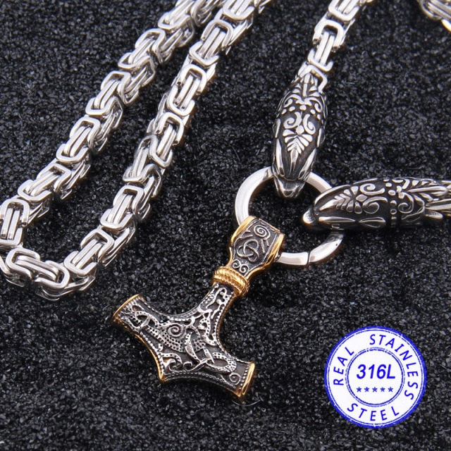 GOLD KING CHAIN WITH WOLF HEADS & MJOLNIR PENDANT- STAINLESS STEEL