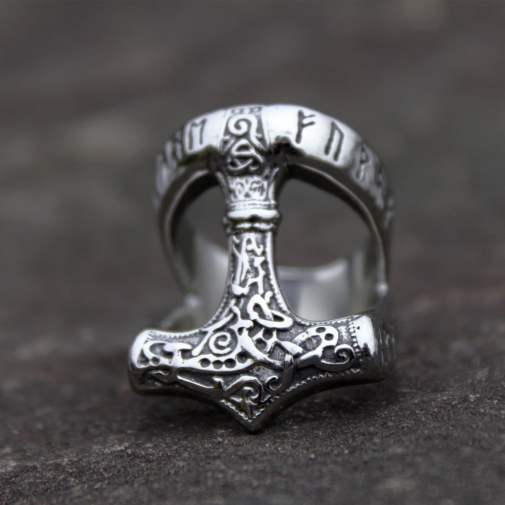 THOR'S HAMMER RUNED RING - STAINLESS STEEL - Forged in Valhalla