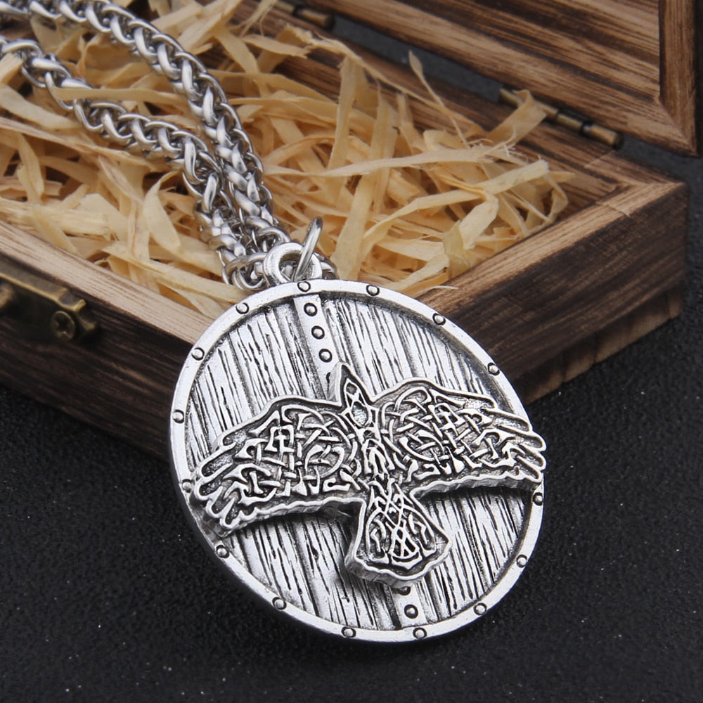 SHIELDED RAVEN OF ODIN PENDANT- STAINLESS STEEL - Forged in Valhalla