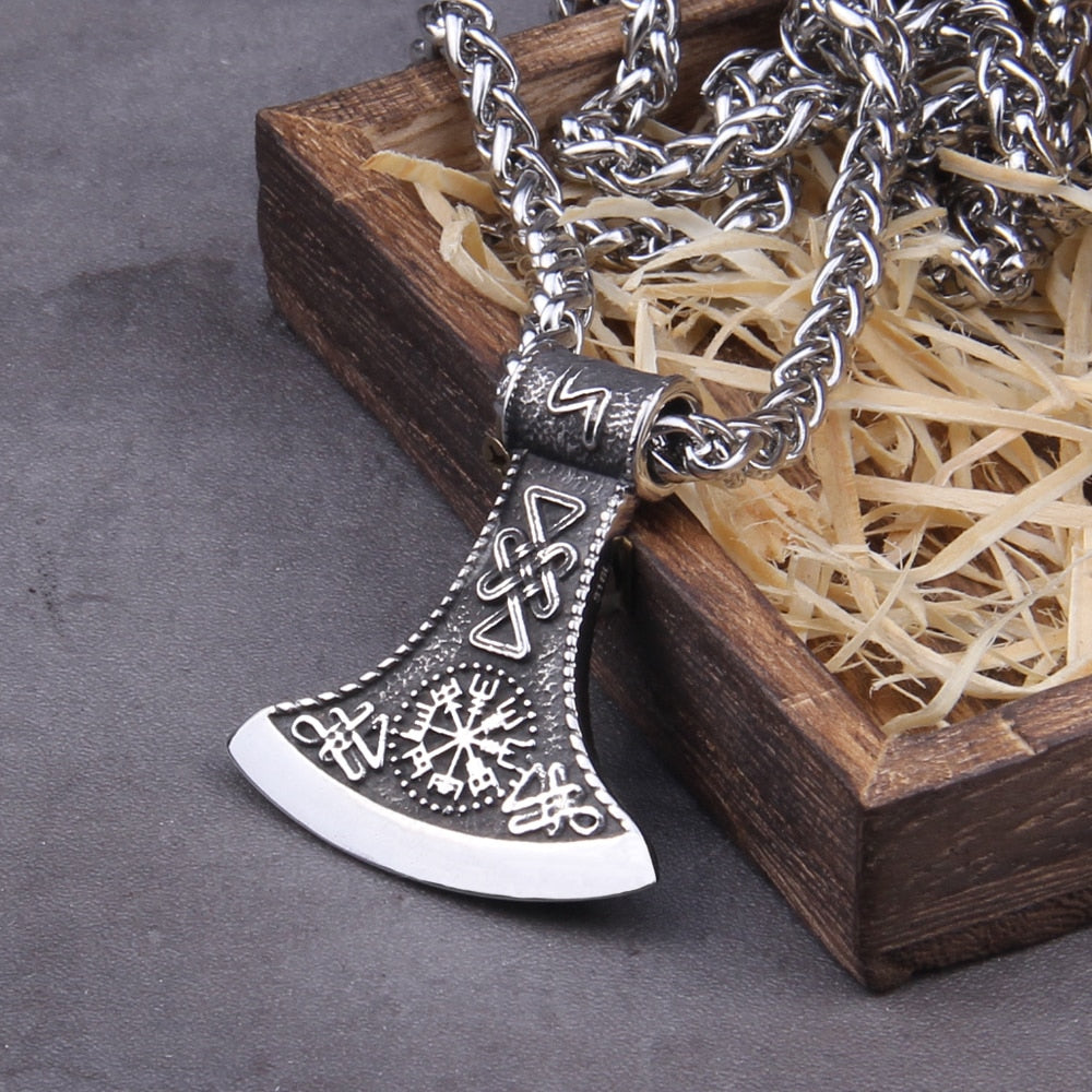 RUNIC VIKING AXE WITH VEGVISIR- STAINLESS STEEL - Forged in Valhalla