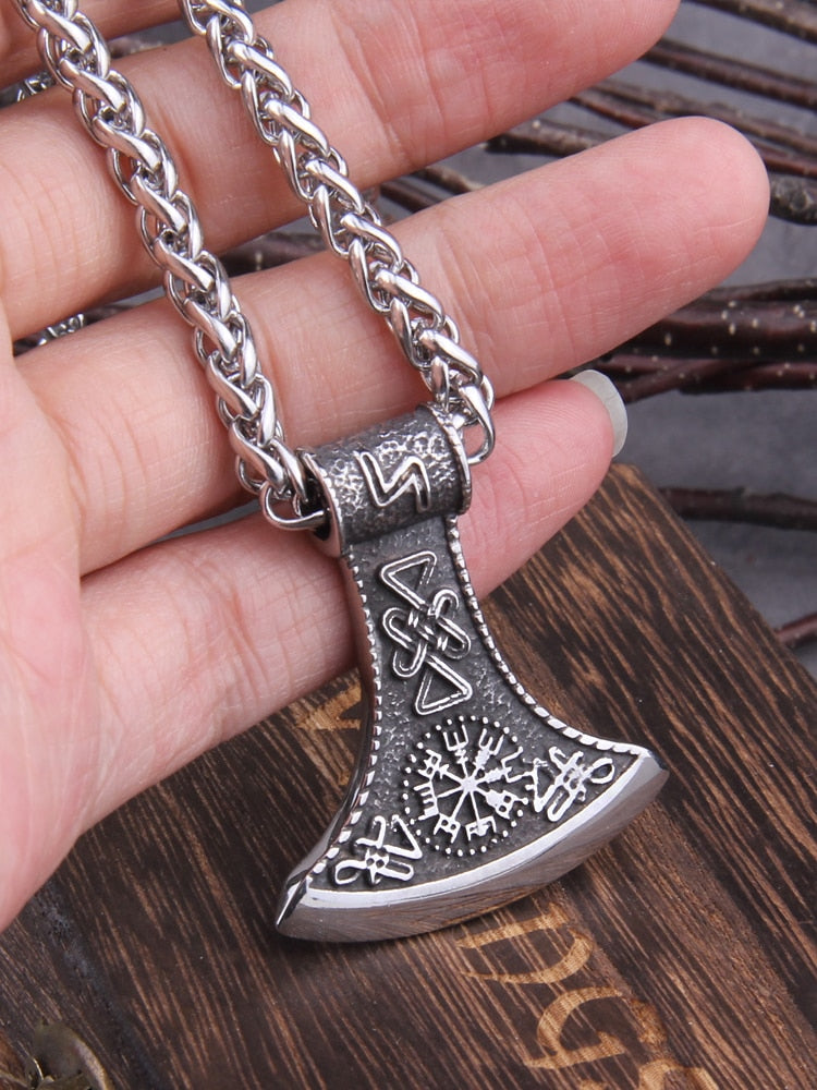RUNIC VIKING AXE WITH VEGVISIR- STAINLESS STEEL - Forged in Valhalla