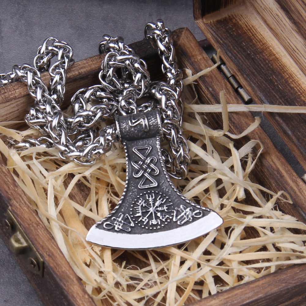 RUNIC VIKING AXE WITH VEGVISIR- STAINLESS STEEL - Forged in Valhalla