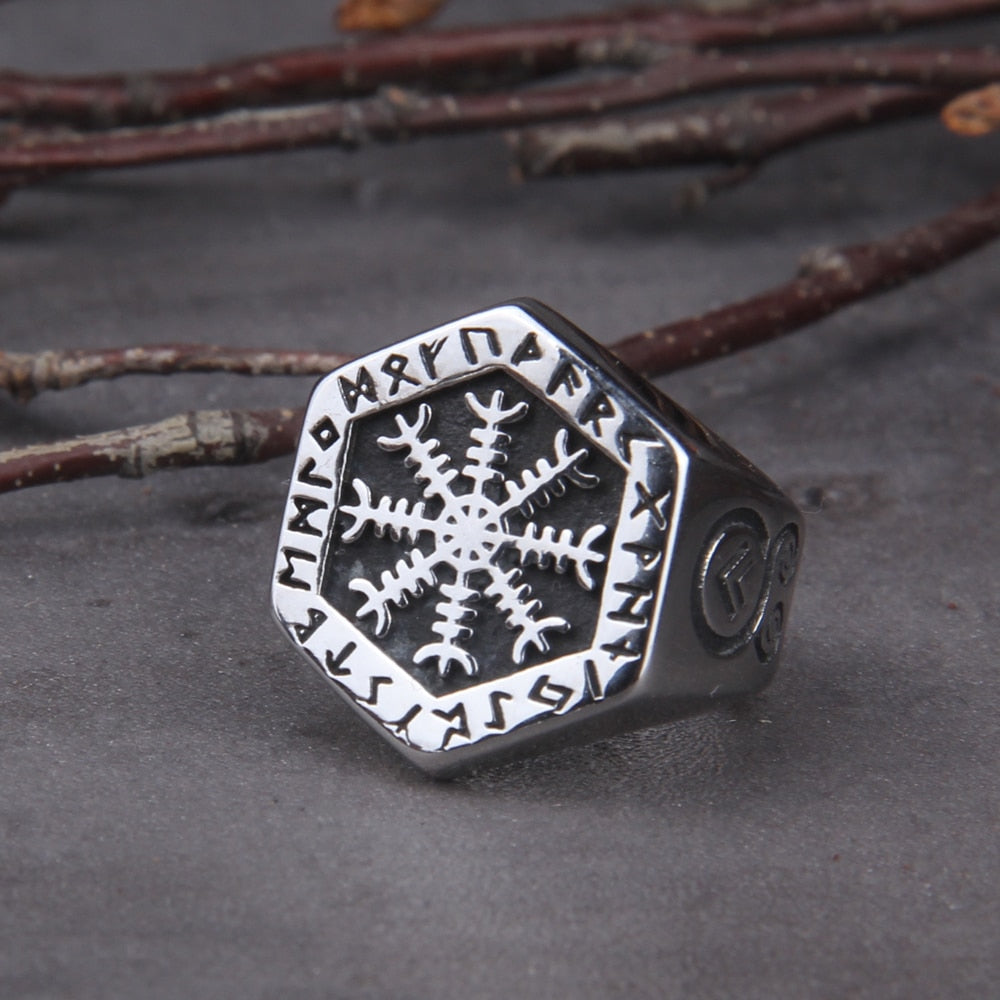 VEGVISIR RING WITH NORDIC SYMBOLS - STAINLESS STEEL