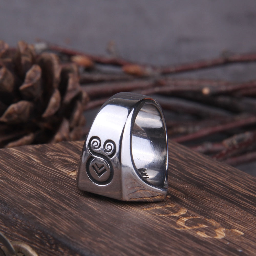 VEGVISIR RING WITH NORDIC SYMBOLS - STAINLESS STEEL