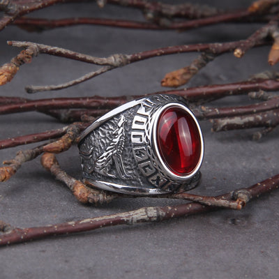 RED STONE WOLF RING - STAINLESS STEEL