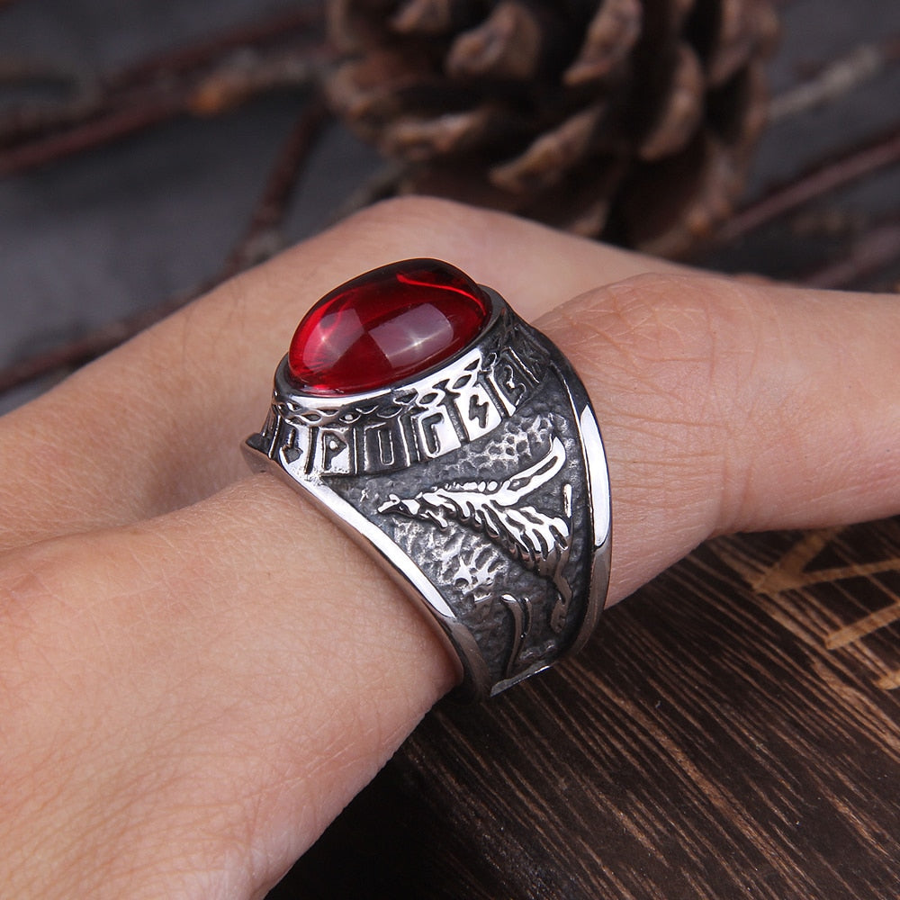 RED STONE WOLF RING - STAINLESS STEEL