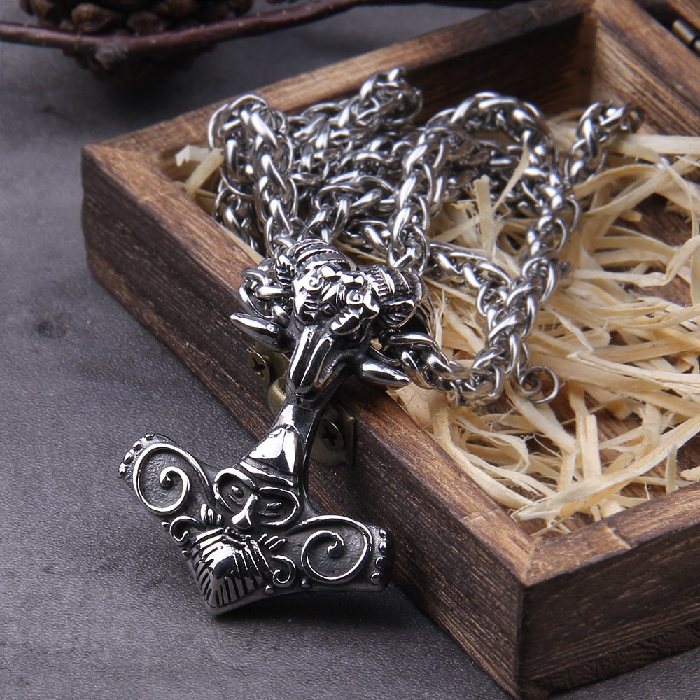 THORS HAMMER MJOLNIR WITH VIKING WARRIOR PENDANT- STAINLESS STEEL - Forged in Valhalla
