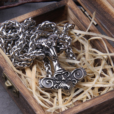 THORS HAMMER MJOLNIR WITH VIKING WARRIOR PENDANT- STAINLESS STEEL - Forged in Valhalla