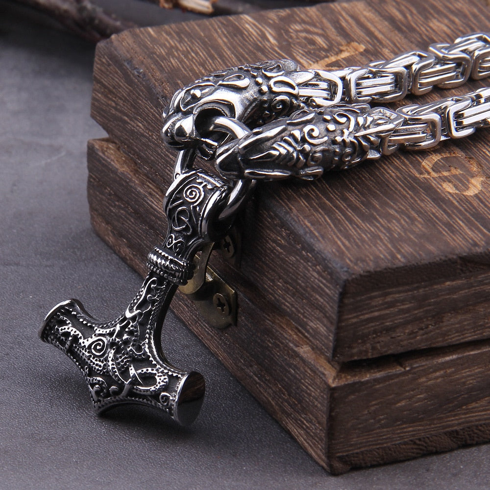 FENRIR'S BITE RING HEAVY CHAIN WITH MJÖLNIR - STAINLESS STEEL - Forged in Valhalla