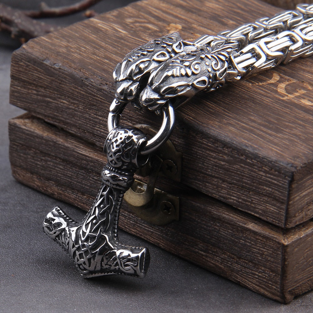 FENRIR'S BITE RING HEAVY CHAIN WITH MJÖLNIR - STAINLESS STEEL - Forged in Valhalla