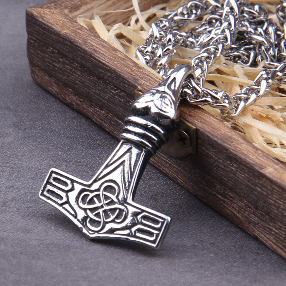 RAVEN SKULL MJOLNIR PENDANT- STAINLESS STEEL - Forged in Valhalla