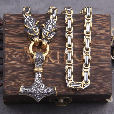 GOLD KING CHAIN WITH WOLF HEADS & MJOLNIR PENDANT- STAINLESS STEEL - Forged in Valhalla