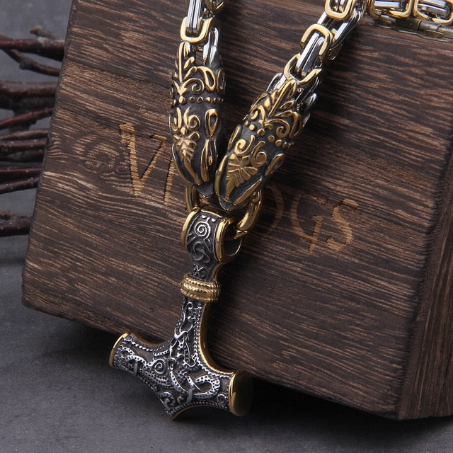 GOLD KING CHAIN WITH WOLF HEADS & MJOLNIR PENDANT- STAINLESS STEEL - Forged in Valhalla