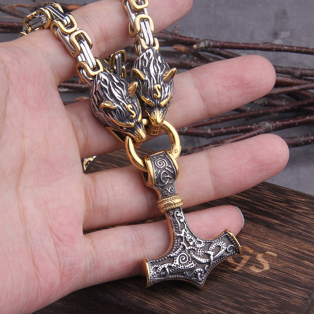 GOLD KING CHAIN WITH WOLF HEADS & MJOLNIR PENDANT- STAINLESS STEEL - Forged in Valhalla