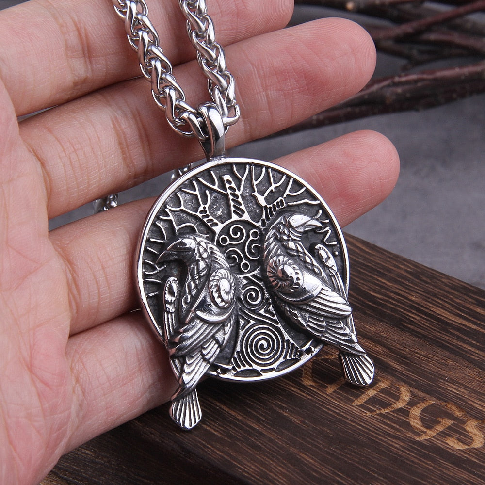 HUGINN & MUNINN ON YGGDRASIL PENDANT- STAINLESS STEEL - Forged in Valhalla