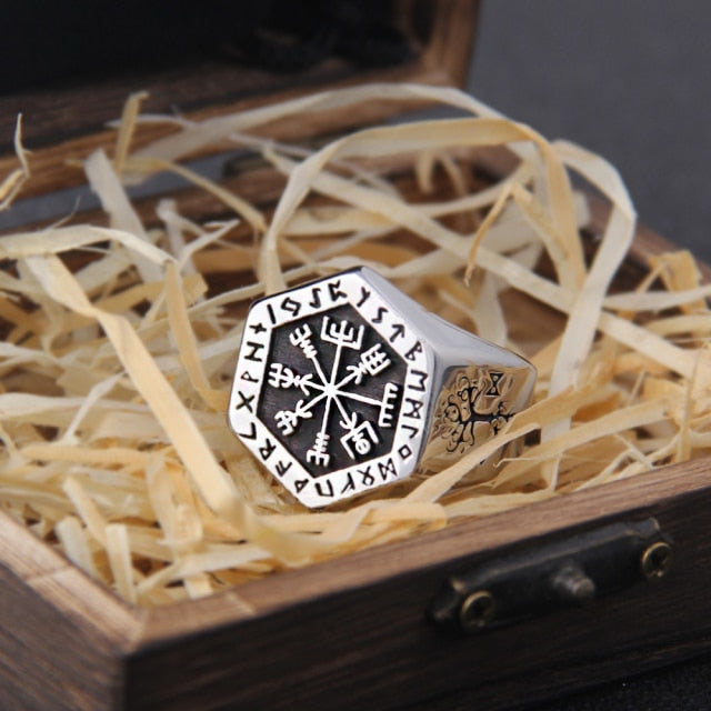 VEGVISIR RING WITH NORDIC SYMBOLS - STAINLESS STEEL