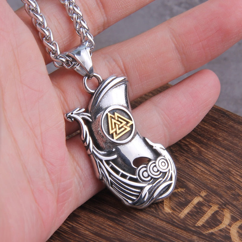 VIKING DRAGON LONGBOAT VALKNUT PENDANT- STAINLESS STEEL - Forged in Valhalla