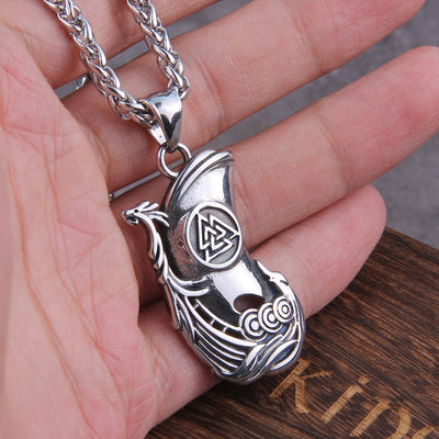 VIKING DRAGON LONGBOAT VALKNUT PENDANT- STAINLESS STEEL - Forged in Valhalla